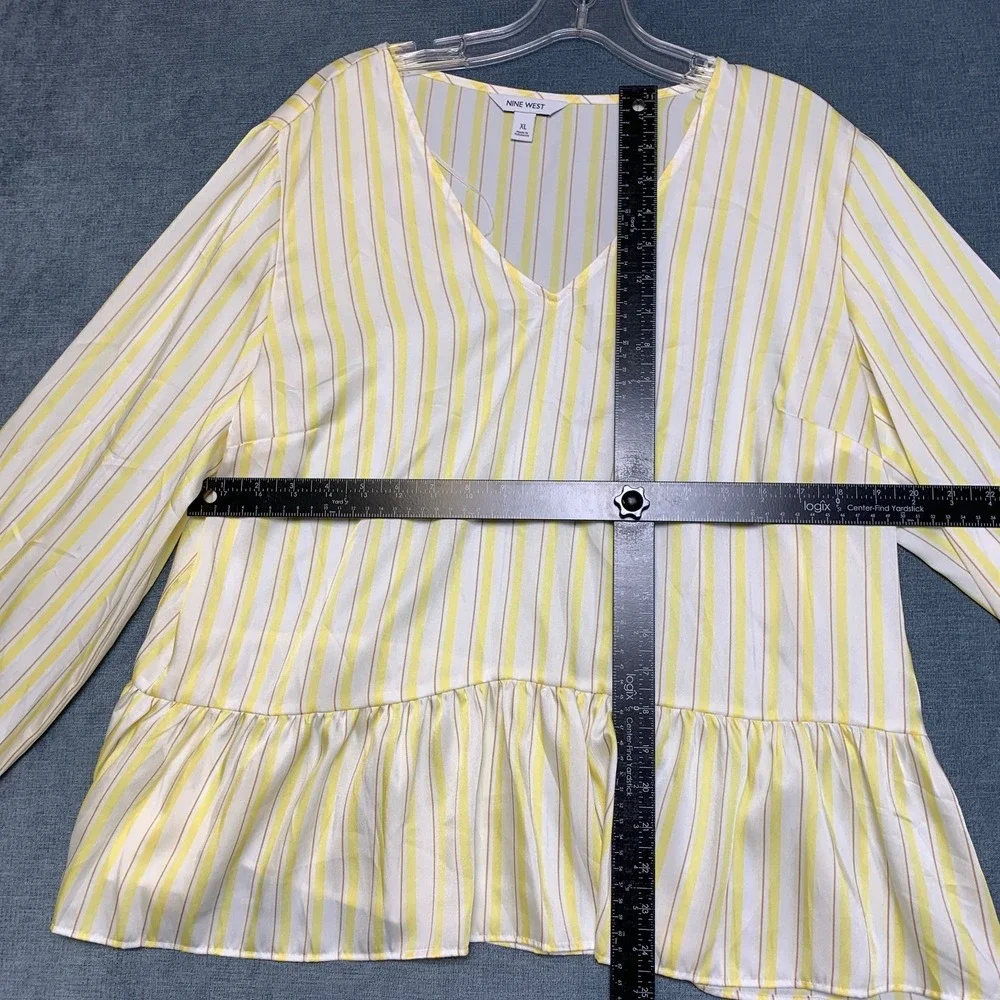 Nine West Shirred Tunic Top Womens XL Yellow White Striped V Neck Long Sleeve